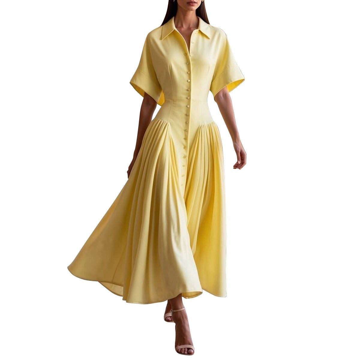Modigirl Woman Summer Elegant Midi Dresses 2025 High Waist Lapel Neck Short Slee