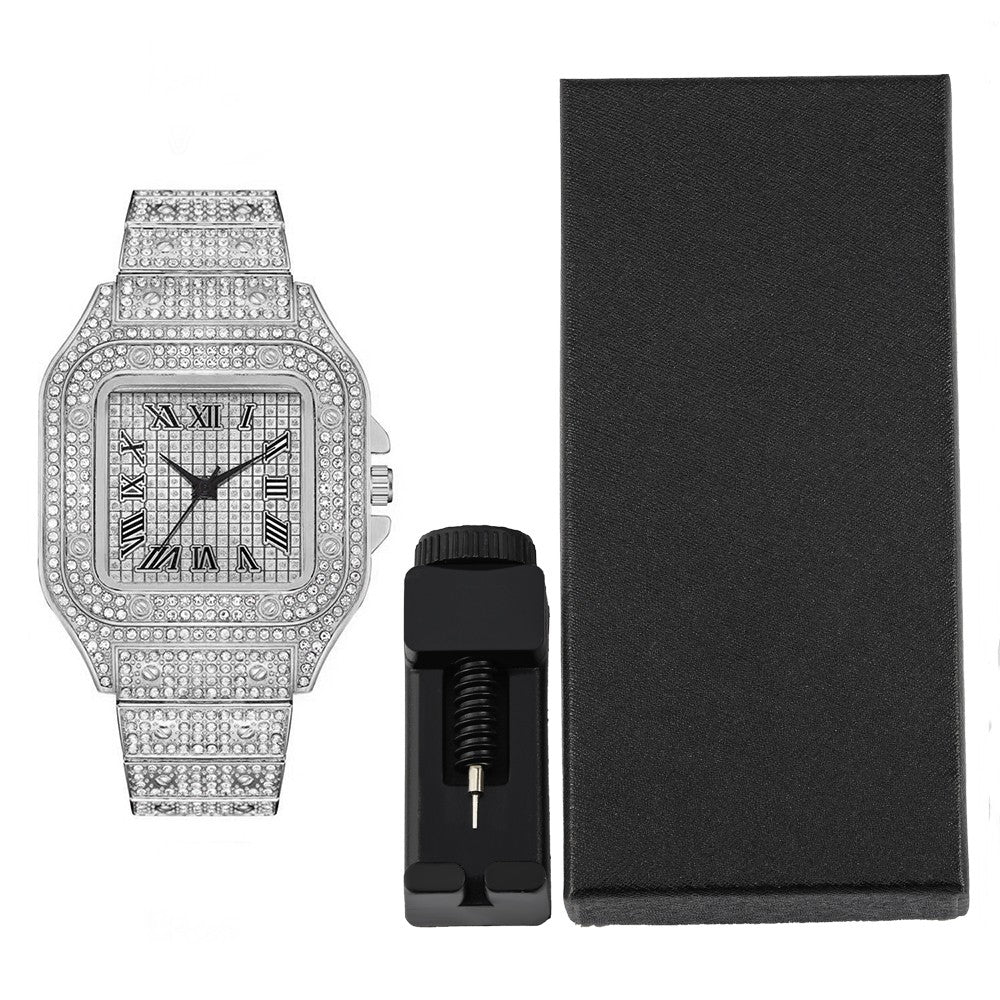 Hip-hop Punk Quartz Watch Stylish Full Diamonds Watch 2 Styles to Choose Bundled Size Adjuster Men Women Party Jewelry Gift Box