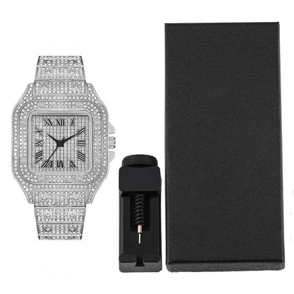 Hip-hop Punk Quartz Watch Stylish Full Diamonds Watch 2 Styles to Choose Bundled Size Adjuster Men Women Party Jewelry Gift Box