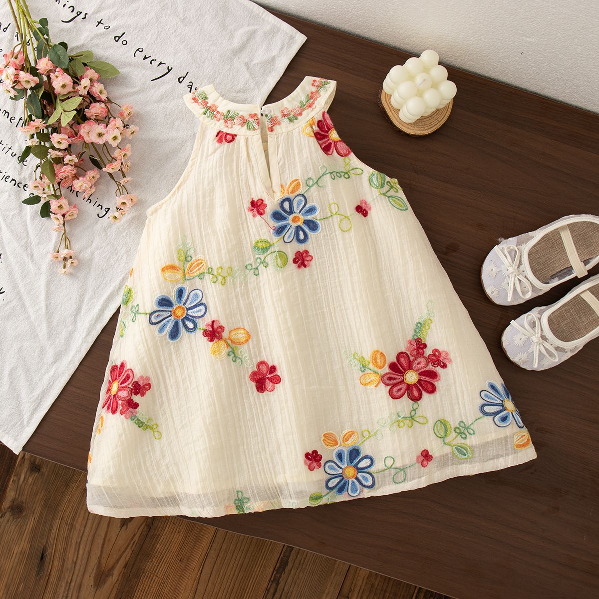 Baby Girl Dresses Summer Flower Embroidery Cotton Neck Girls Dresses Cute Girls Beach Dresses Baby Girl Clothes
