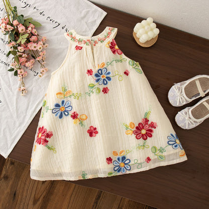 Baby Girl Dresses Summer Flower Embroidery Cotton Neck Girls Dresses Cute Girls Beach Dresses Baby Girl Clothes