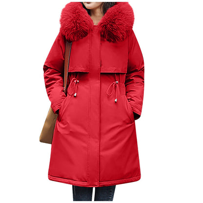 Ladies' Casual Warm And Versatile Large Fur Collar Solid Color Thick Cotton Coat Jacket For Outdoor Daily Wear