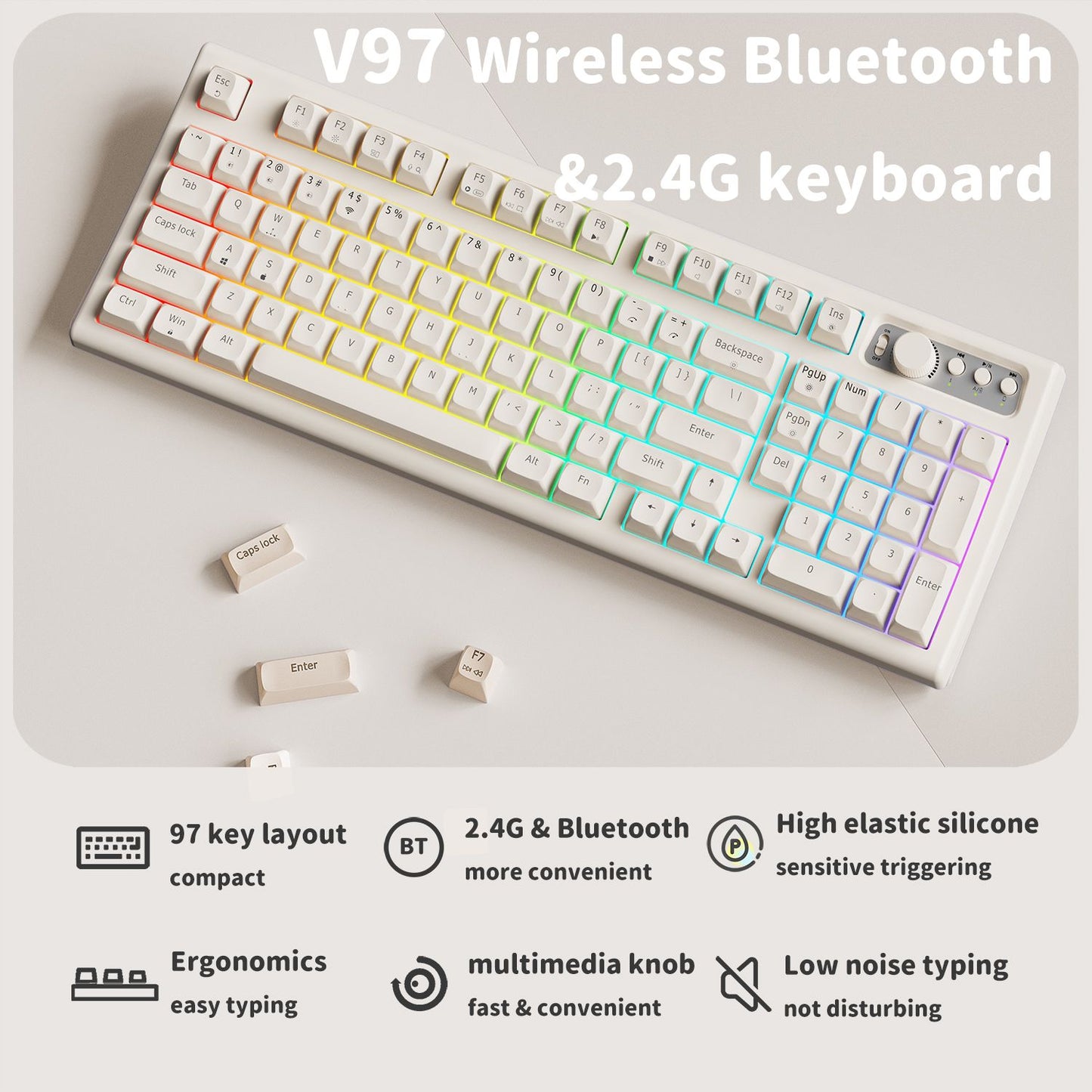 Teclado EWEADN V97 Cute Creamy, Teclado Gamer Sem Fio Bluetooth/2.4GHz com Retroiluminação RGB, Recarregável, Silencioso, para PC Gamer