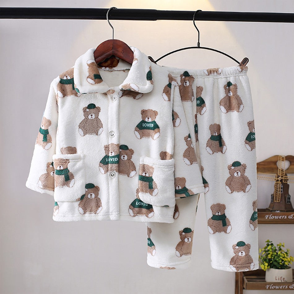 High Quality Coral Fleece Flannel Cute Cartoon Pattern Pajama Sets Boys and Girls Long Sleeve Warm Comfortable Winter Sleepwear