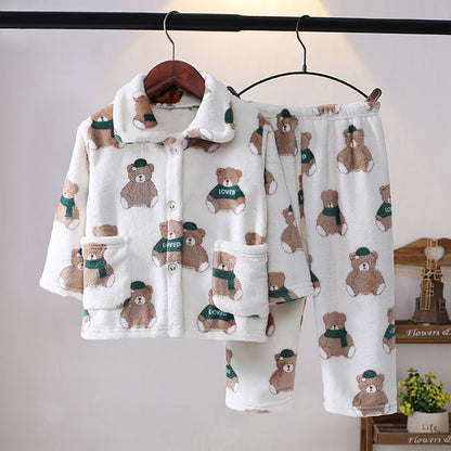 High Quality Coral Fleece Flannel Cute Cartoon Pattern Pajama Sets Boys and Girls Long Sleeve Warm Comfortable Winter Sleepwear