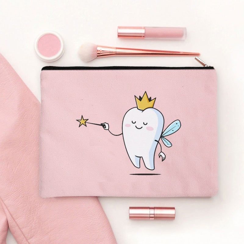 2024 Cute Teeth Cartoon White Zipper Makeup Bag Dental Clinic Storage Bag Women's Single Party Minimalist Decorative Handbag
