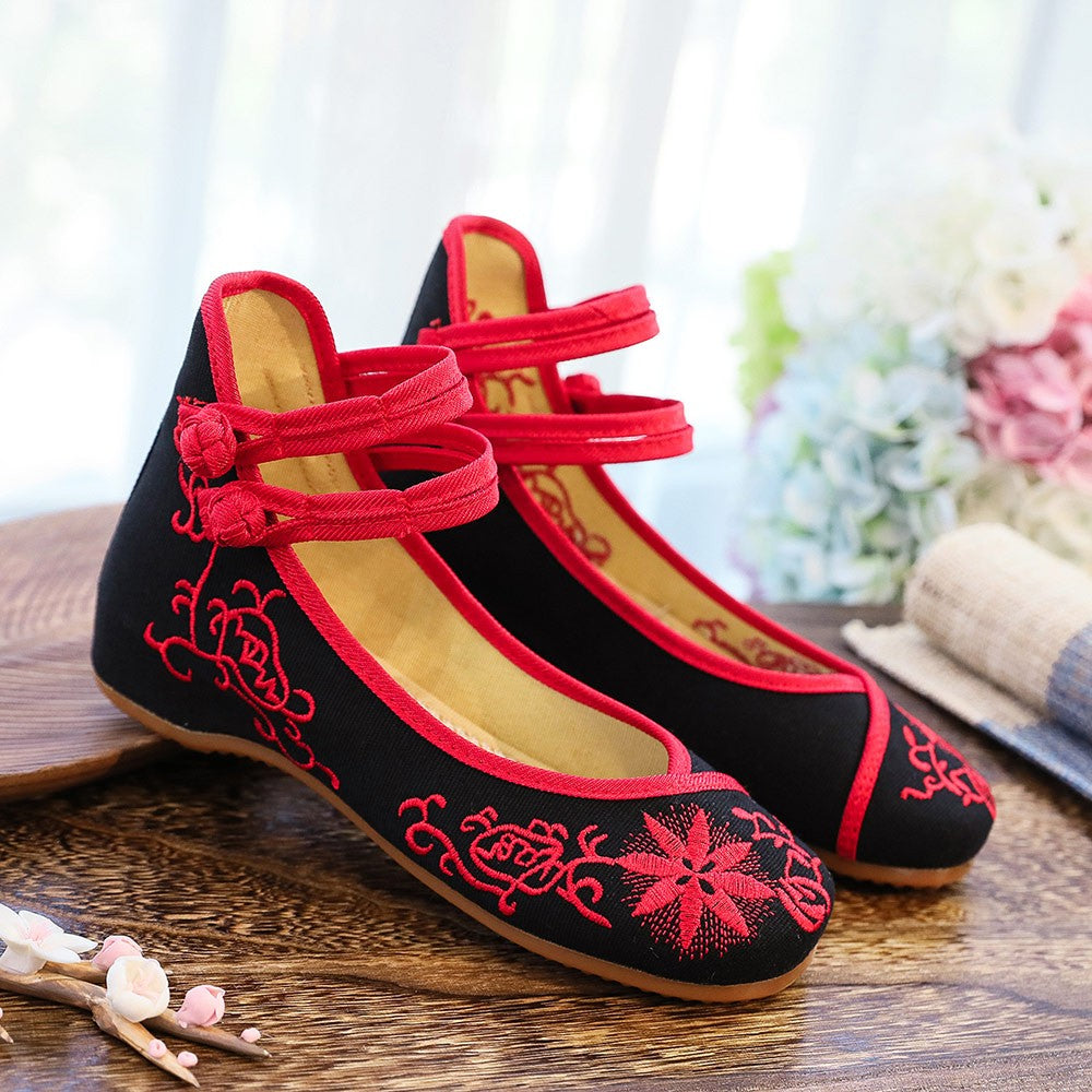 Veowalk Sunflower Embroidered Women Canvas Ballet Flats Ankle Strap Ladies Casual Cotton Chinese Embroidery Ballerina Shoes
