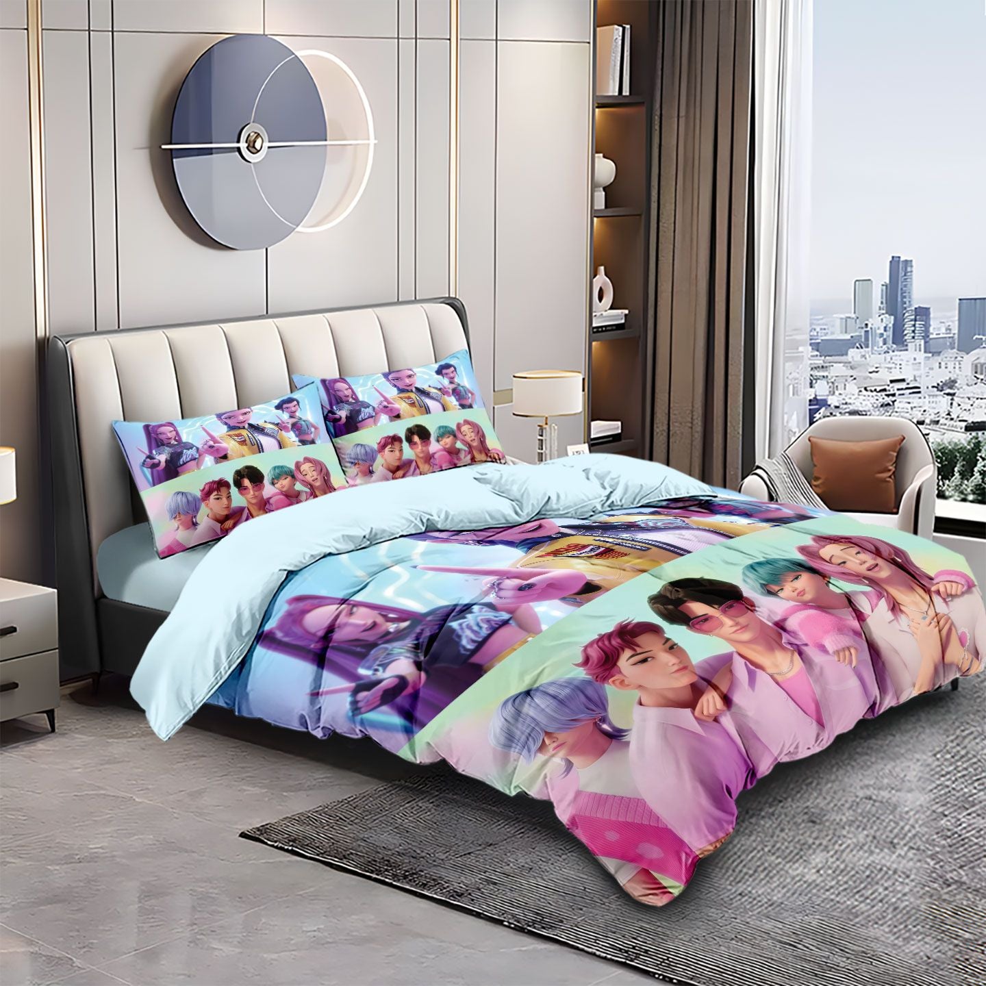Conjunto de Cama Rumi K-Pop Caçadores de Demônios Temático 2 Lados Estampa Colorida Poliéster Lençol de Dormitório Estudantil Capa de Edredom Presente Infantil