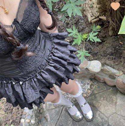 Kawaii Ball Gown Short Skirt Pleated Ruffles Layered High Waist Solid Mini Cake Skirts Lolita Girl Sweet Cute Elastic Waist  Y2K