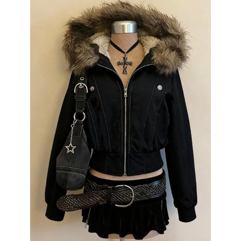 Faux Fur Amercan Vintage Hooded Coats with Hooded Women Zipper Sweatshirts Casual Streetwear Grunge Jacket Y2k Stand Neck