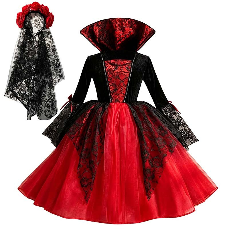 Kids Girls Cosplay Gothic Dark Ghost Bride Witch Vampire Halloween Costume Red Black Tutu Dress Wig Veil Kits Trick or Treat