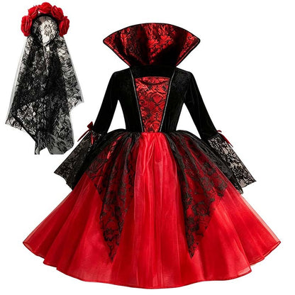 Kids Girls Cosplay Gothic Dark Ghost Bride Witch Vampire Halloween Costume Red Black Tutu Dress Wig Veil Kits Trick or Treat