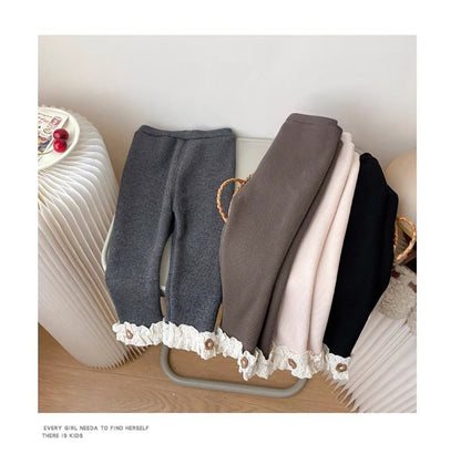 Girls Slim Fit Leggings Kids Cozy Fleece Lined Winter Pants with Decorative Lace Edging Children Outdoor Wear Clothing