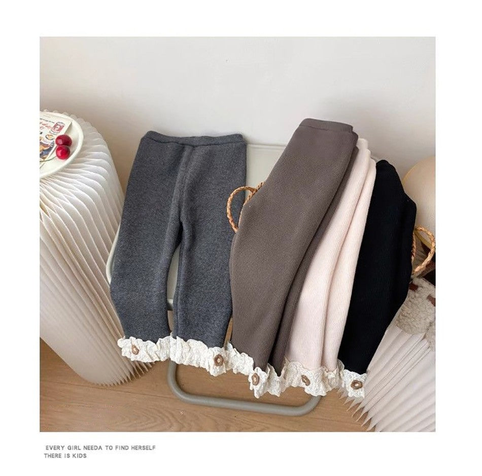 Girls Slim Fit Leggings Kids Cozy Fleece Lined Winter Pants with Decorative Lace Edging Children Outdoor Wear Clothing