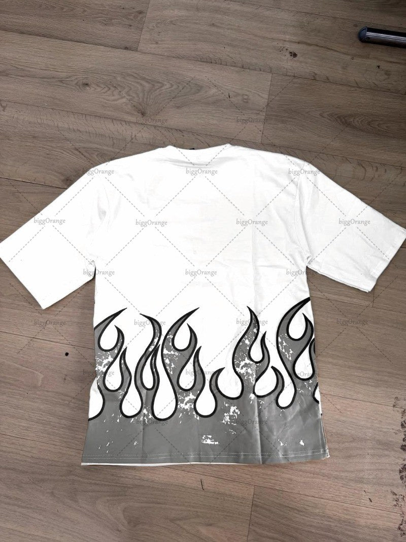 High Street Trendy Clothing Retro Fashion Flame Harajuku Oversized T-shirt Men Street Hip-hop Casual Loose Short Sleeve Women