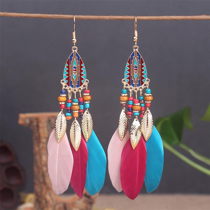 Brincos femininos longos de pena estilo boho, praia, com borla longa, miçangas, flores artesanais esmaltadas, para noiva, casamento, Pendientes Mujer