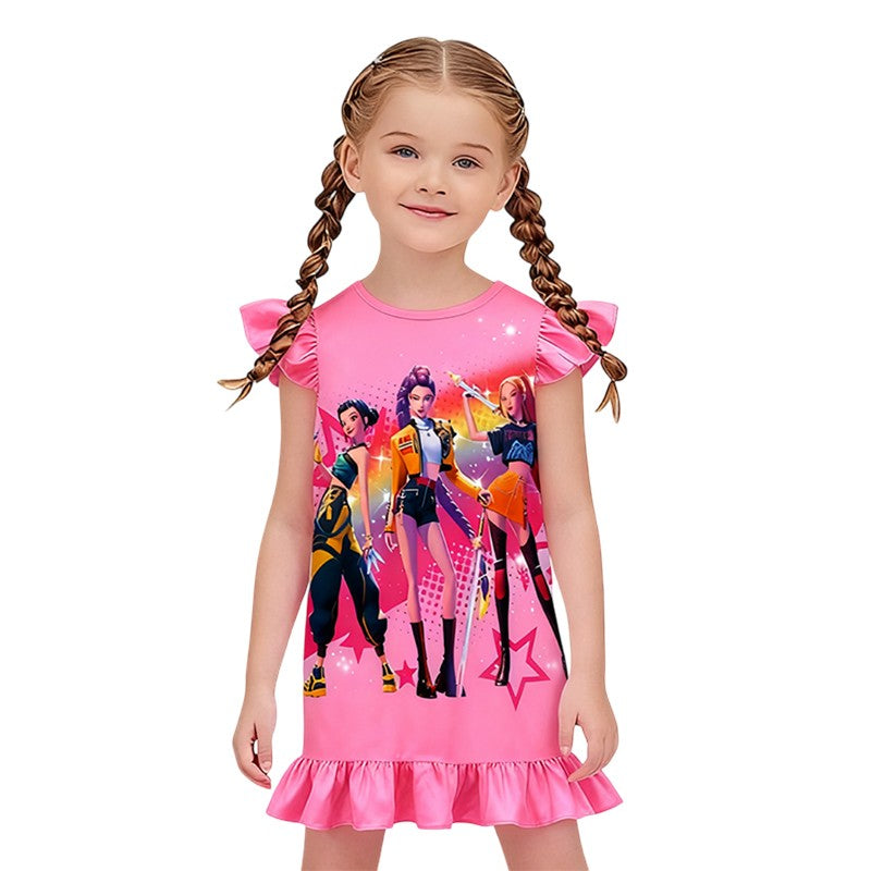 K-POP Demo Hunte Printed Sleeping Skirt Big Butterfly Sleeve Loose Pajamas Children Girls Sleeping Clothing Casual Home Wear