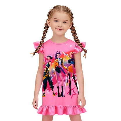 K-POP Demo Hunte Printed Sleeping Skirt Big Butterfly Sleeve Loose Pajamas Children Girls Sleeping Clothing Casual Home Wear
