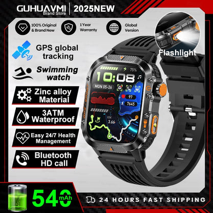 2026 Novas pulseiras inteligentes militares de GPS para ambientes externos, bússola masculina, frequência cardíaca, chamada BT, lanterna LED, Smartwatch à prova d'água 10ATM para natação