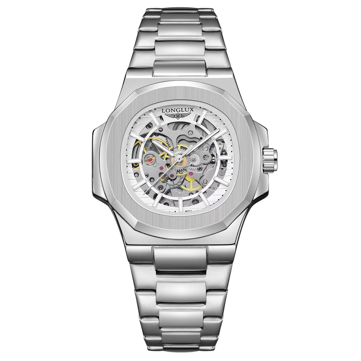 LONGLUX Relógio masculino automático mecânico de luxo à prova d'água esqueleto executivo barato atacado de aço inoxidável relógio de presente