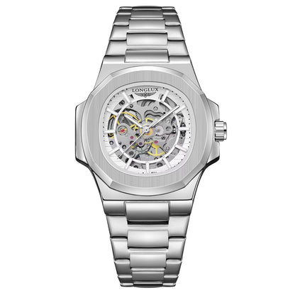 LONGLUX Relógio masculino automático mecânico de luxo à prova d'água esqueleto executivo barato atacado de aço inoxidável relógio de presente
