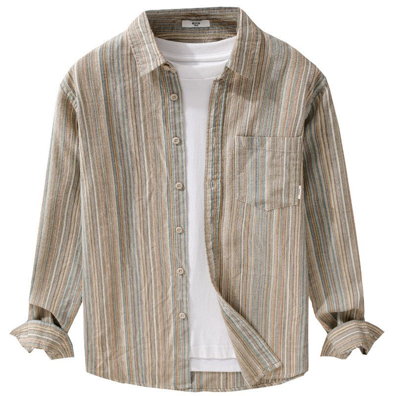 6158 Spring Fashion Japan Style Vintage Stripe Simple Cargo Shirt for Men Good Quality Cotton Long Sleeve Slim Fit Casual Blouse