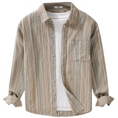 6158 Spring Fashion Japan Style Vintage Stripe Simple Cargo Shirt for Men Good Quality Cotton Long Sleeve Slim Fit Casual Blouse