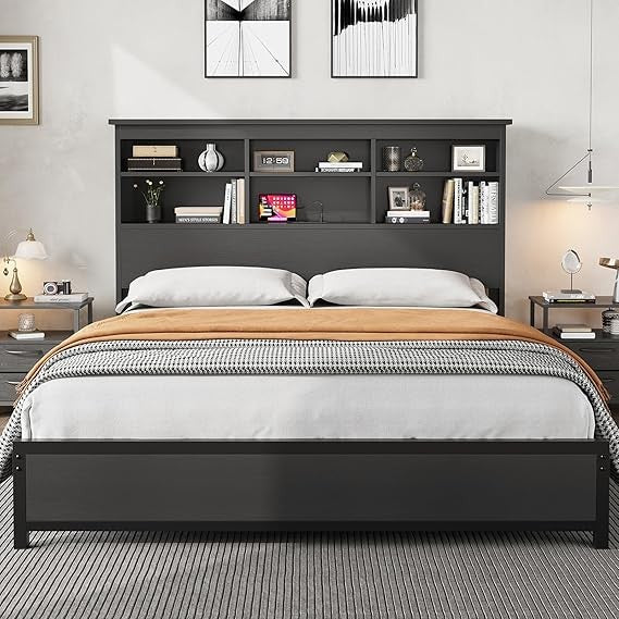 Queen Size Bed Frame with Bookcase Headboard, 2-Tier Storage Queen Platform Bed with Charging Station, No Box Spring