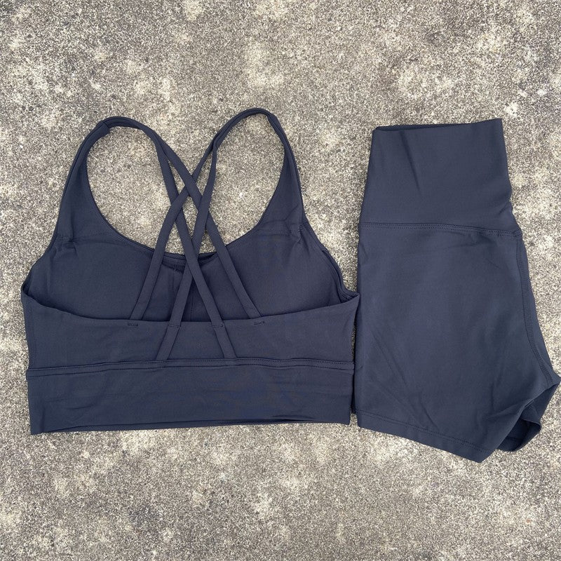 Yoga Shorts Set Gym Sports Set Women Workout Clothes 2 Piece Fitness Suit Cross Straps Bra High Waist Shorts Running Tracksuit