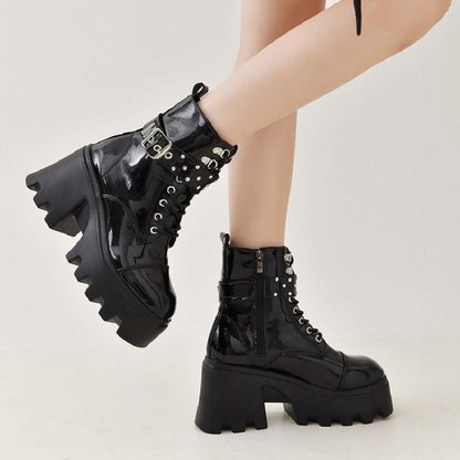 2024 Platform Thick Gothic Boots Lady Buckle Autumn Shoes Women Wedges Knee High Boots Punk Street  Motorcycle Chain