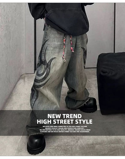 MIJKO New Retro Dragon Pattern Totem Print Bamboo Baggy Drawstring Washed Jeans For Men Women Denim Pants ZJ083