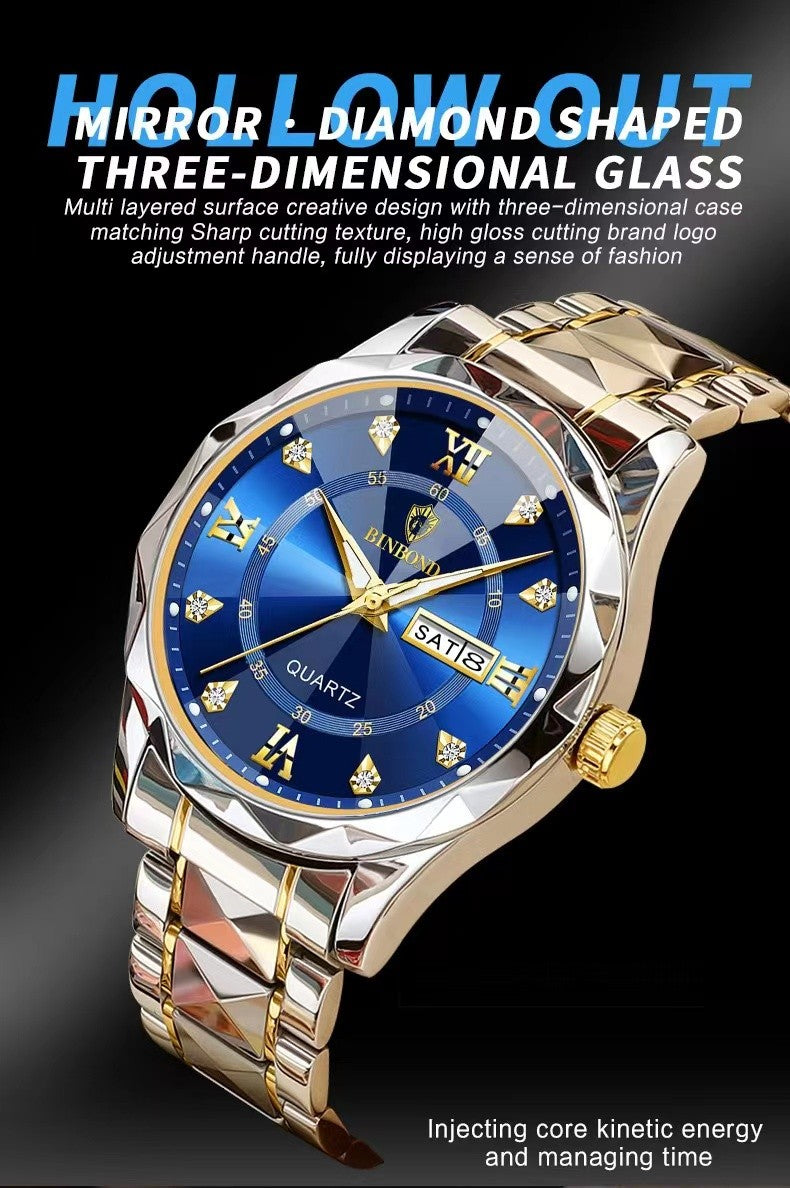 BINBOND Top Brand Luxury Man Wristwatch Waterproof Luminous Date Week Men Watches Stainless Steel Quartz Men's Watch Male reloj