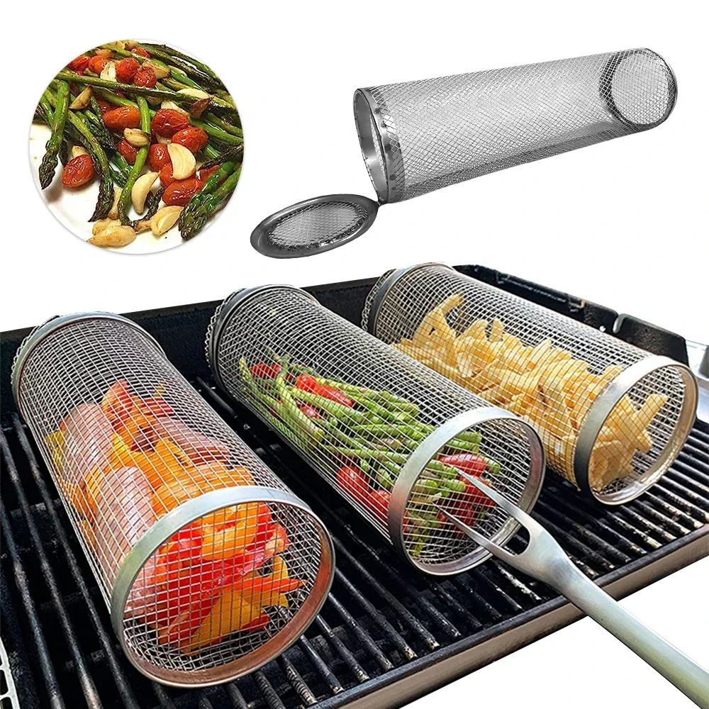 High - Quality Circular Stainless Steel Rolling BBQ Basket - Sturdy Wire Mesh Cylinder - Ideal for Outdoor Camping Barbecuing