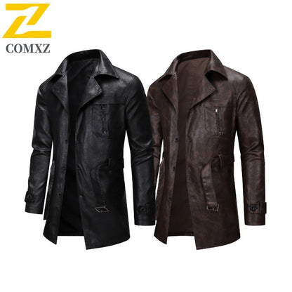 New Mid-length Men's Leather Jacket Spring and Autumn Fashion Functional Lapel PU Jacket Retro Men's Motorcycle Leather Jacket