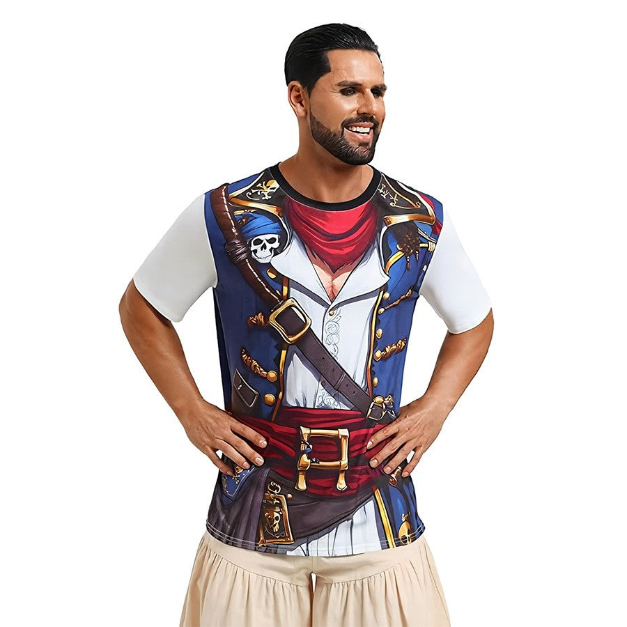 Men Medieval 3D Printed Pirate Costume T Shirt Short Sleeve Crew Neck Halloween Cosplay Vintage Captain Tops Male Holiday Appare