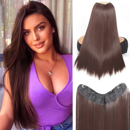 Peruca sintética longa reta em V com meia cabeça adequada para mulheres com cabelo preto e castanho, com presilha, preta, castanha, natural