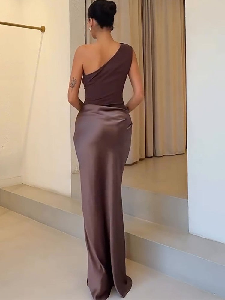 JULISSA MO Patchwork Satin Sexy One Shoulder Women Maxi Dress Brown Sleeveless E