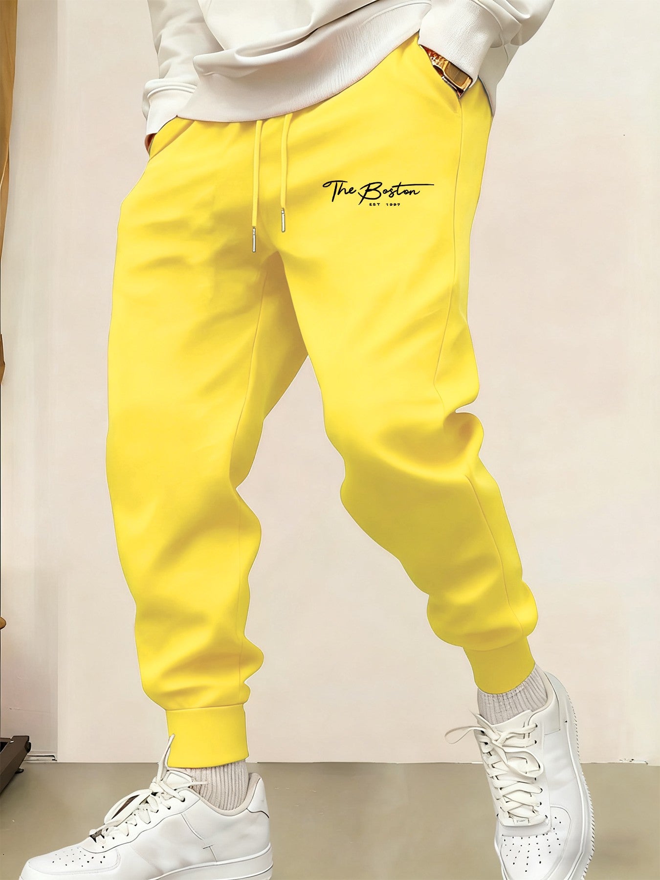 Calça de Moletom Masculina Casual com Estampa "Boston Est 1997", Cintura Elástica, Básica, Confortável, Calça de Outono, Jogging, Calça Comprida Estilo Rua