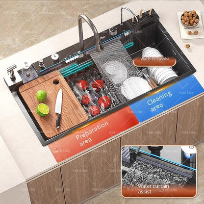 Stainless Steel Waterfall Kitchen Sink Digital Display Faucet Set Embossed Extra Large Single Slot Multiple Types of sinks