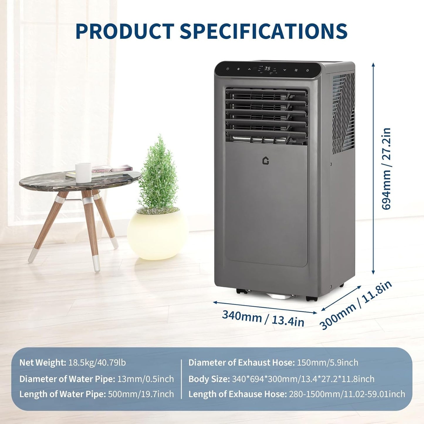 Ar Condicionado Portátil, 10000 BTU ASHRAE (6000 BTU DOE) para Cômodos de até 450 Pés Quadrados, Silencioso 3 em 1 com Função Ventilador e Controle Remoto