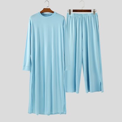 INCERUN Men Sets Solid Color Long Sleeve Long Style T Shirt & Pants Two Pieces Sets Loose Streetwear Fashion Casual Men Suits