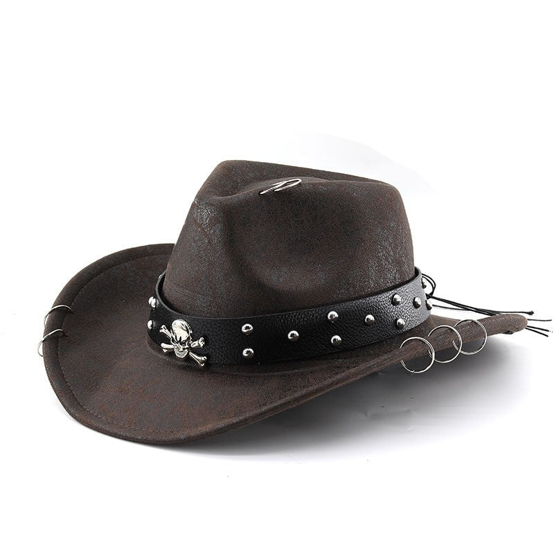 Chapéu de Cowboy Unissex de Couro PU - Estilo Ocidental Panamá Cinto com Caveira para Festa, Acessório de Festival de Esqueleto de Metal Cravejado