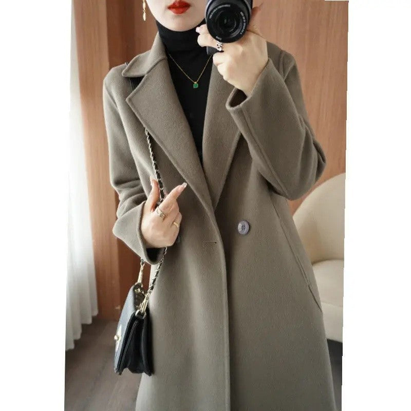 Plus Size New Women's Woolen Coat Medium-Length Loose Fit plus Size Korean Style Spring Autumn Outerwear Thickened Polyester ...