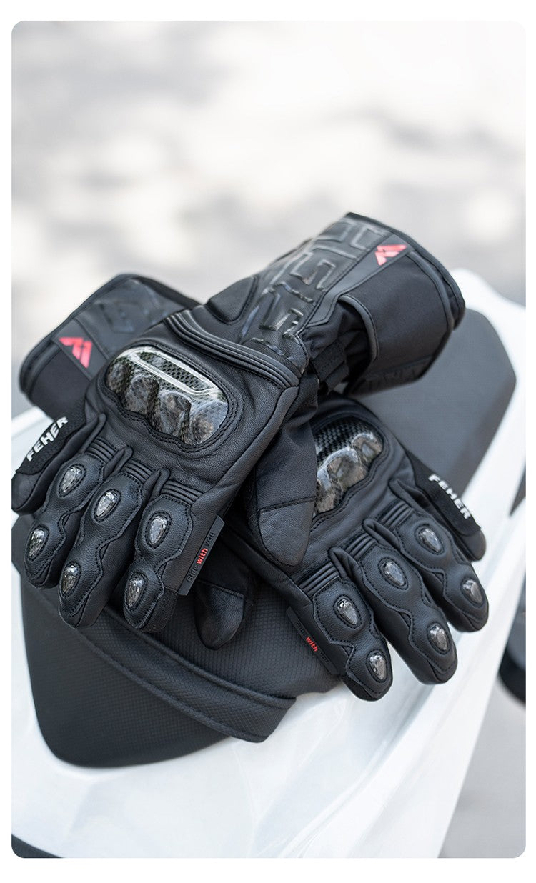 Luvas de Inverno FEHER para Moto Couro Touchscreen Quente Impermeável Junta de Dedo em Fibra de Carbono Luvas de Motociclismo