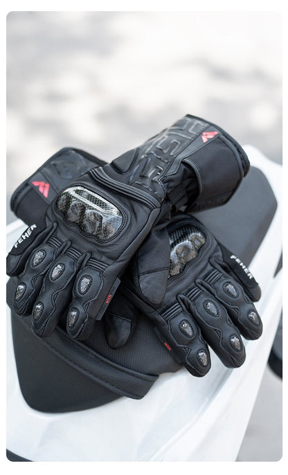 Luvas de Inverno FEHER para Moto Couro Touchscreen Quente Impermeável Junta de Dedo em Fibra de Carbono Luvas de Motociclismo