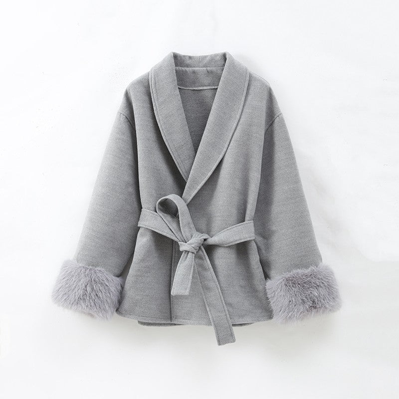 Casacos Curtos de Lã Elegantes com Cadarço Sólido Lapela Solta Cinto Peludo Manga Longa Jaqueta Feminina 2025 Outono Inverno Lady Chique Cardigãs
