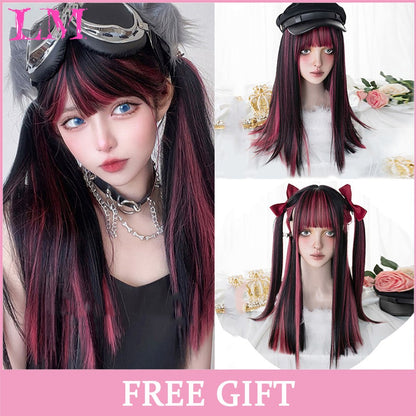 LM Medium Length Pink Cosplay Wig Heat Resistant Costume Party Synthetic Wigs 2 Clip On Ponytail 7 Colors