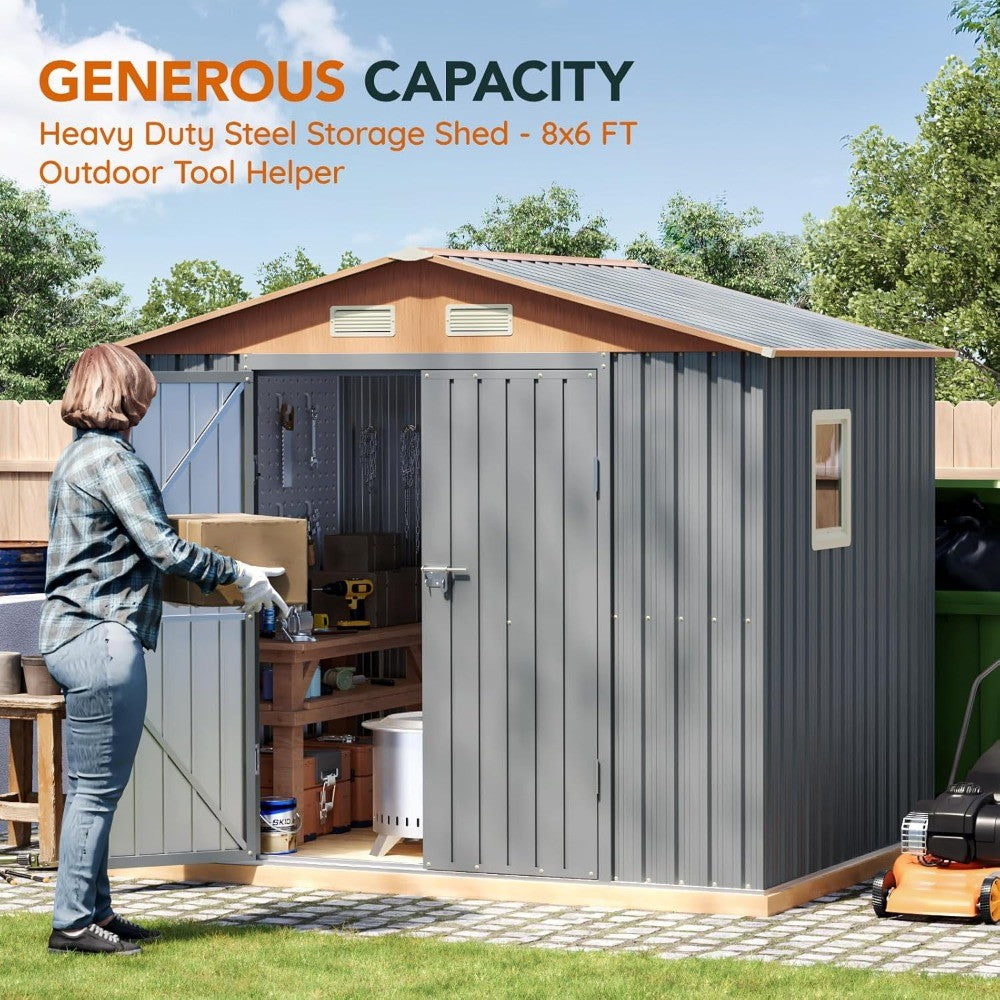 8x6FT Metal Shed & Outdoor Storage Shed, Steel Tool Multi-Used Shed with Vents,Lockable Doors,Window,Compact Tool Shed