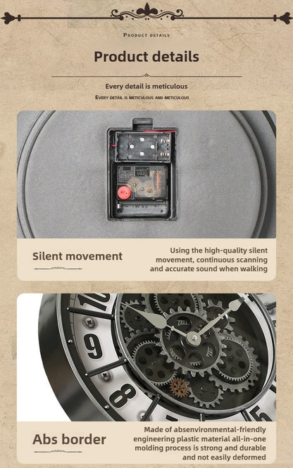 46cm Real Moving Gears Wall Clock Large Industrial Steam Punk Roman Numeral Wall Clock Living Room Home Decoration Quartz Clock