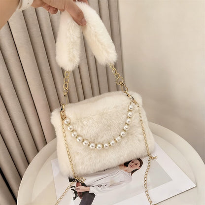 Fashionable Pearl Rabbit Fur Velvet Handbag Women's Crossbody Bag Chain Design Autumn Winter Small Versatile Bag Elegant